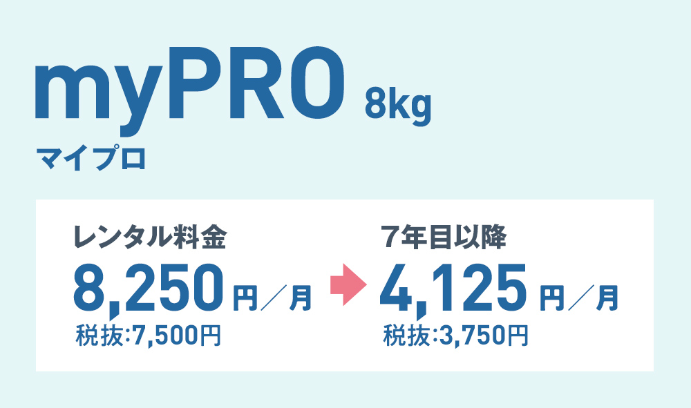 マイプロ8kg。レンタル料金　月8,250円（税抜：7,500円）。7年目以降　月4,125円（税抜：3,750円）